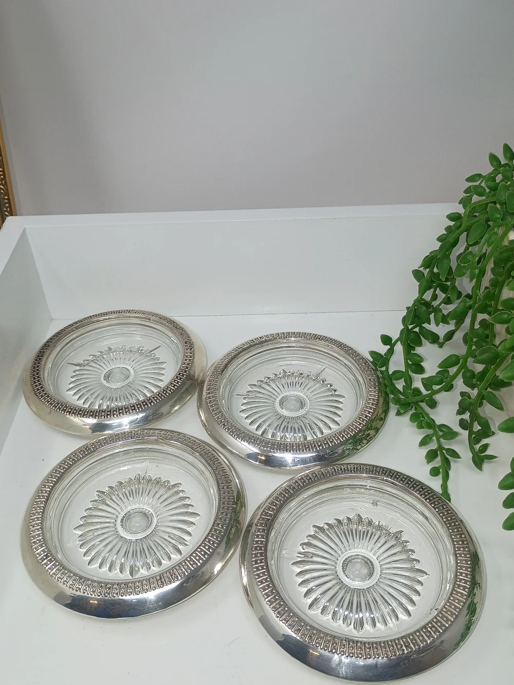 Sterling Silver Glass Sunburst Coasters - Set of 4